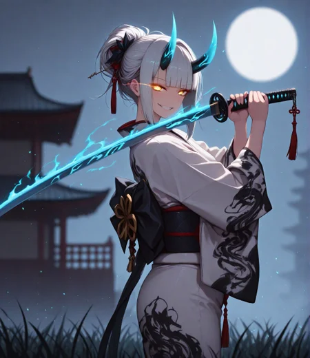 (masterpiece, best quality:1.2), amazing quality, very aesthetic, 32k, incredibly_absurdres, extremely_beautiful, (sharp detailed:1.2), (sharp focus), detailed anatomy, correct anatomy, perfect anatomy, extremely detailed eyes, official art, extremely detailed hair, ambient occlusion, highres,
1girl, silver hair, hair bun, golden eyes, sidelocks, hime cut, blunt bangs, hair ornament, glowing eye, glowing eye trails, japanese clothes, white kimono, print kimono, black print, glowing, looking at viewer, obi, horns, glowing horns, particles, (glowing particles), full moon, bright shine, evil grin, holding weapon, katana, glowing blade, glowing flame, glowing energy trails, floating hair, floating grass, detailed, sword_tassel, cowboy shot, from side, hands up,
detailed, depth of field, (nakamura_regura:0.3), (ningen mame:0.4), (laserflip:0.3), (shpo:0.30), (k-suwabe:0.5), (red theme:0.9), fog, east asian architecture, <lora:V2_yakumo_alchemy:1.0> <lora:dkdraven_v8:0.4>