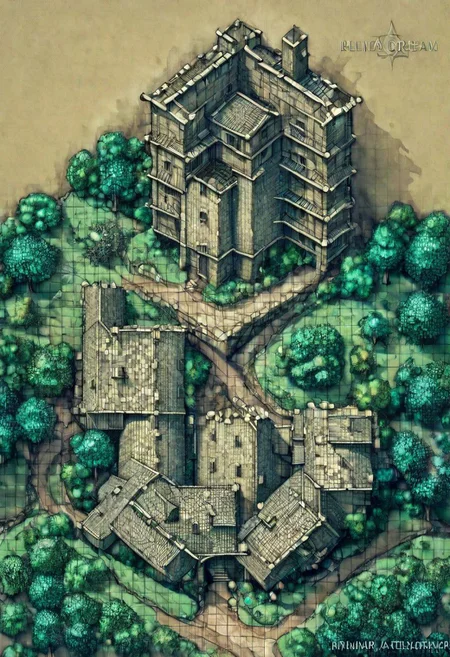 Maya of Squares(Table:1.0),Town, exterior,Trees,create a magicalForest an the riber and castle ruins