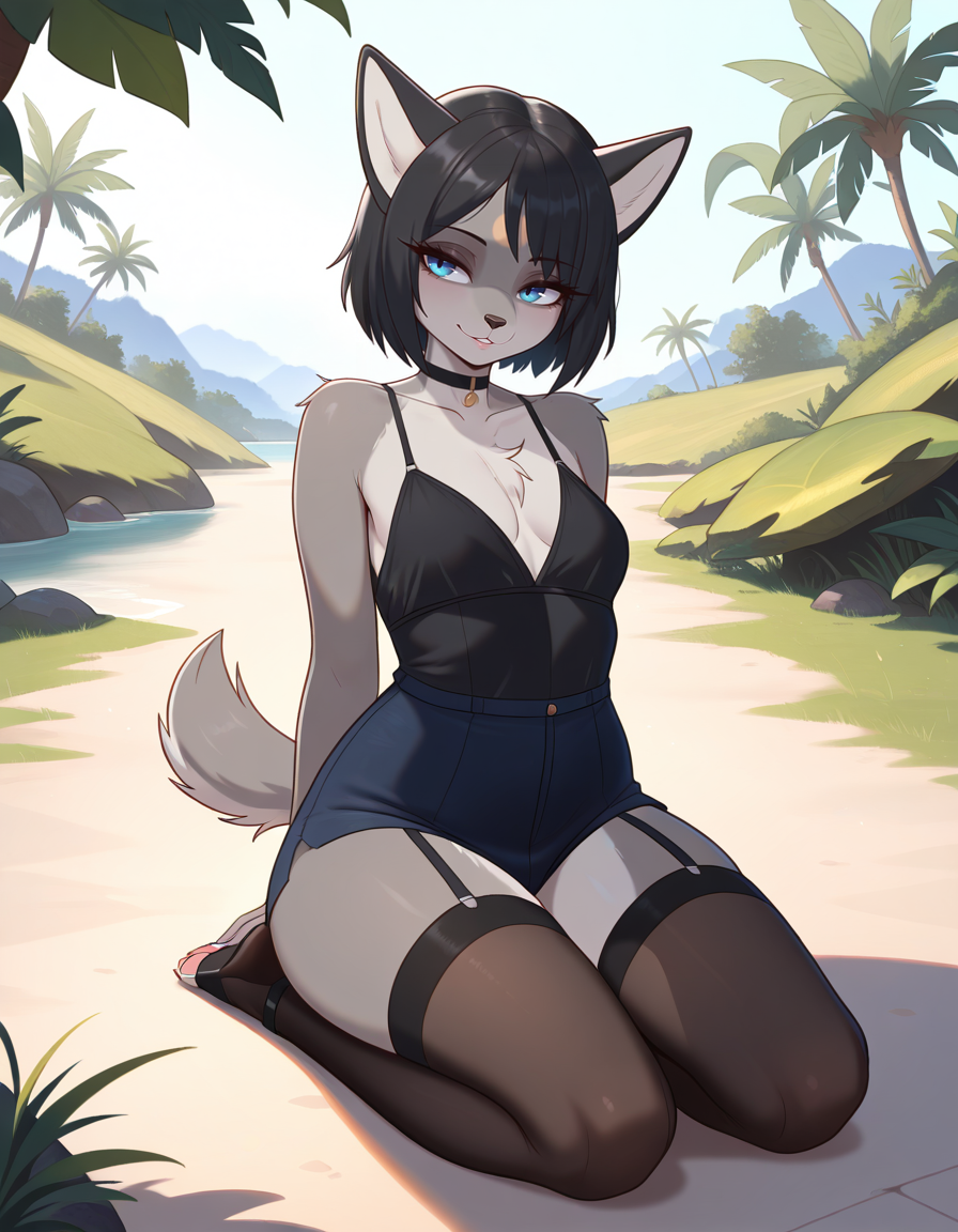 masterpiece, best quality, very aesthetic, absurdres,
outdoors,
full body, seductive smile, parted lips, long eyelashes,
<lora:Iris_v01_NAIXL:1>
1r15,1girl,solo,furry,furry female,black hair,short hair,black hair,blue eyes,animl nose,snout,choker,body fur,grey fur,tail,
