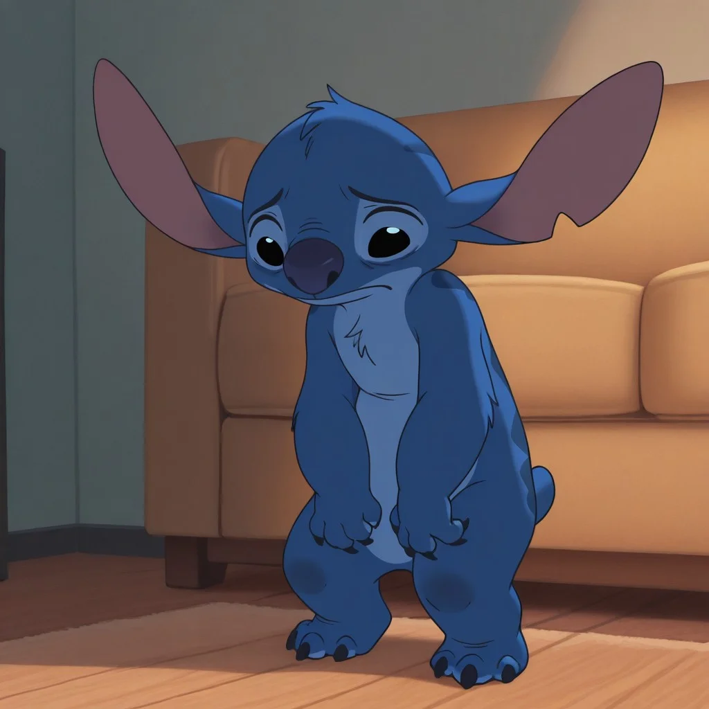 masterpiece, best quality, amazing quality, official artstyle, st1tch, male, furry male, anthro, solo, blue fur, two-tone fur, short hair, black eyes, blue nose, large ears, sharp teeth, claws, small tail, paw pads, standing, sad, looking down, indoors, living room