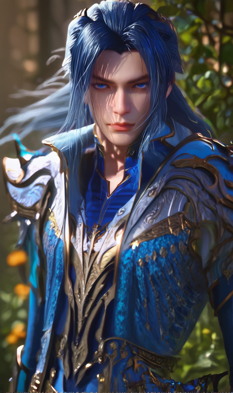 score_9,score_8_up,score_7_up,realistic,tang_san,1boy,male focus,long hair,blue eyes,blue hair,looking at viewer,belt,,standing,armor,<lora:tangsan:0.9>