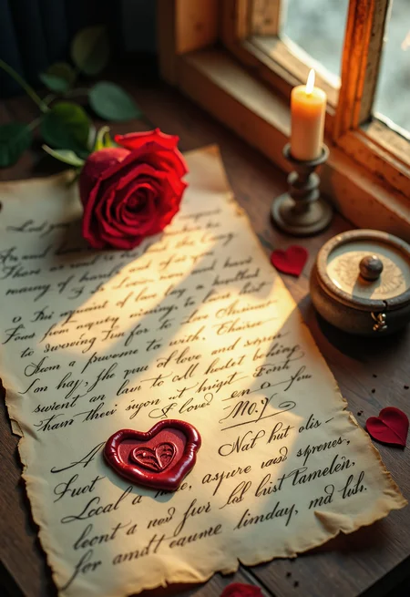 A delicate vintage love letter written in elegant calligraphy, placed on an aged parchment paper with a red heart wax seal. A single red rose lies beside it, with soft petals slightly curled. A and a old candle light stand beside. The scene is bathed in warm, golden sunlight streaming through an old wooden window, creating a nostalgic and intimate mood. Hyper-realistic details, soft-focus background.