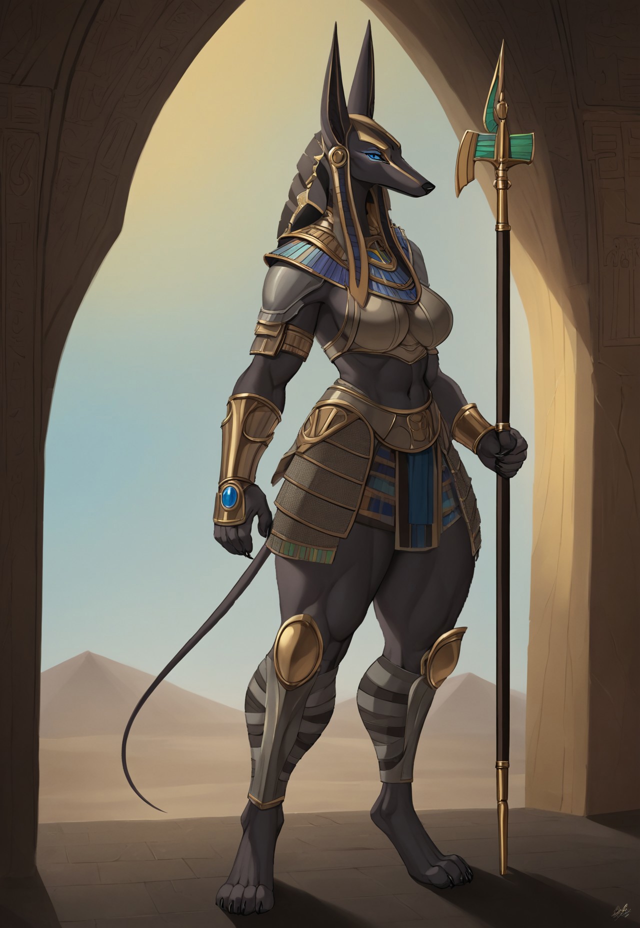 stargate, jackal(((masterpiece))) Anubis helmet, (((gray armor))), Furry, Anubis, female, Furry, , female,((high quality))), (((ultra detail))), (8K), (((cinematic lighting))),strong body  (((best quality))), , spear, claws, gauntlet, stargatejackal, voluptuous, curvy, ((((tiptoes))) blue eyes glow(((extra thicc thighs)))