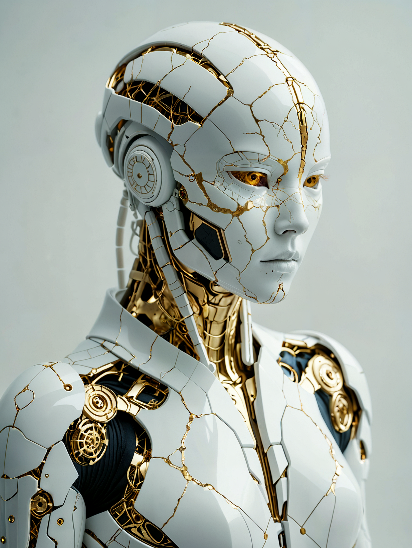 Professional photography. award winning cinematic photo.

A pure white cyborg in the Kintsugi style.