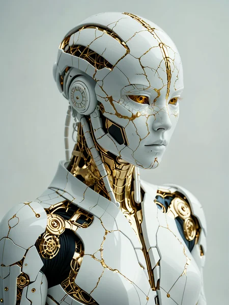 Professional photography. award winning cinematic photo.
A pure white cyborg in the Kintsugi style.