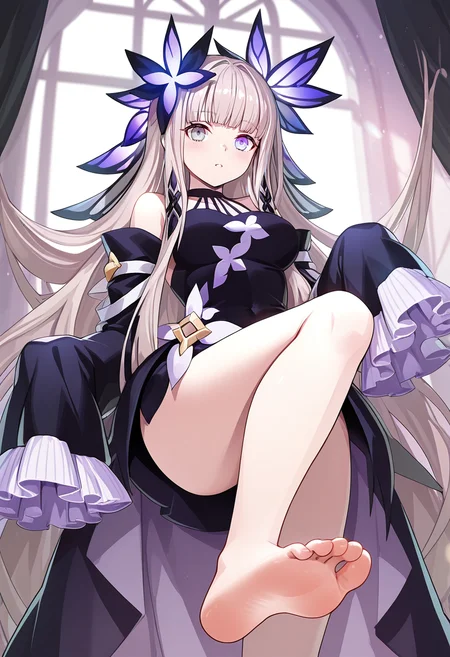 1girl, sole, masterpiece, best quality, high quality, vice(grand chase), heterochromia, purple eyes, grey eyes, light brown hair, very long hair, black dress, sleeves past wrists, detached sleeves, butterfly hair ornament, looking at viewer, indoor 