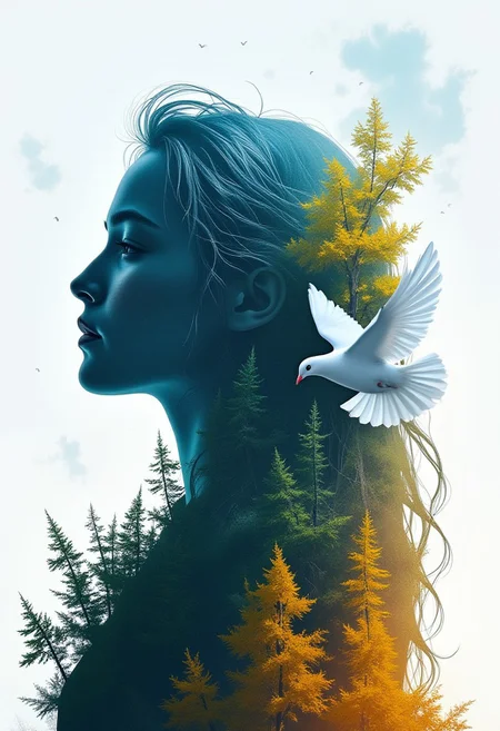anime, illustration, cartoon, pastel, dry chalk drawing, 4k, close-up,
realism, cinematic quality, Silhouette of a beautiful woman with long hair filled with a summer forest, with a dove in flight, double exposure, sharp lines, blue sky background