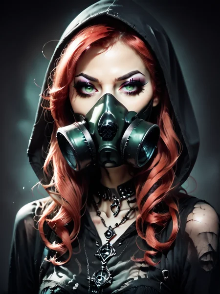 score_9, score_8_up, score_7_up, source_photo,realistic, ,<lora:gothicStyleNextPonyTheReal:0.8>,gothic style clothes,
gothicstylenext, 1girl, solo,gas mask, 1other, hood, red hair, makeup, long hair, jewelry, green eyes, looking at viewer, necklace, eyeshadow, portrait