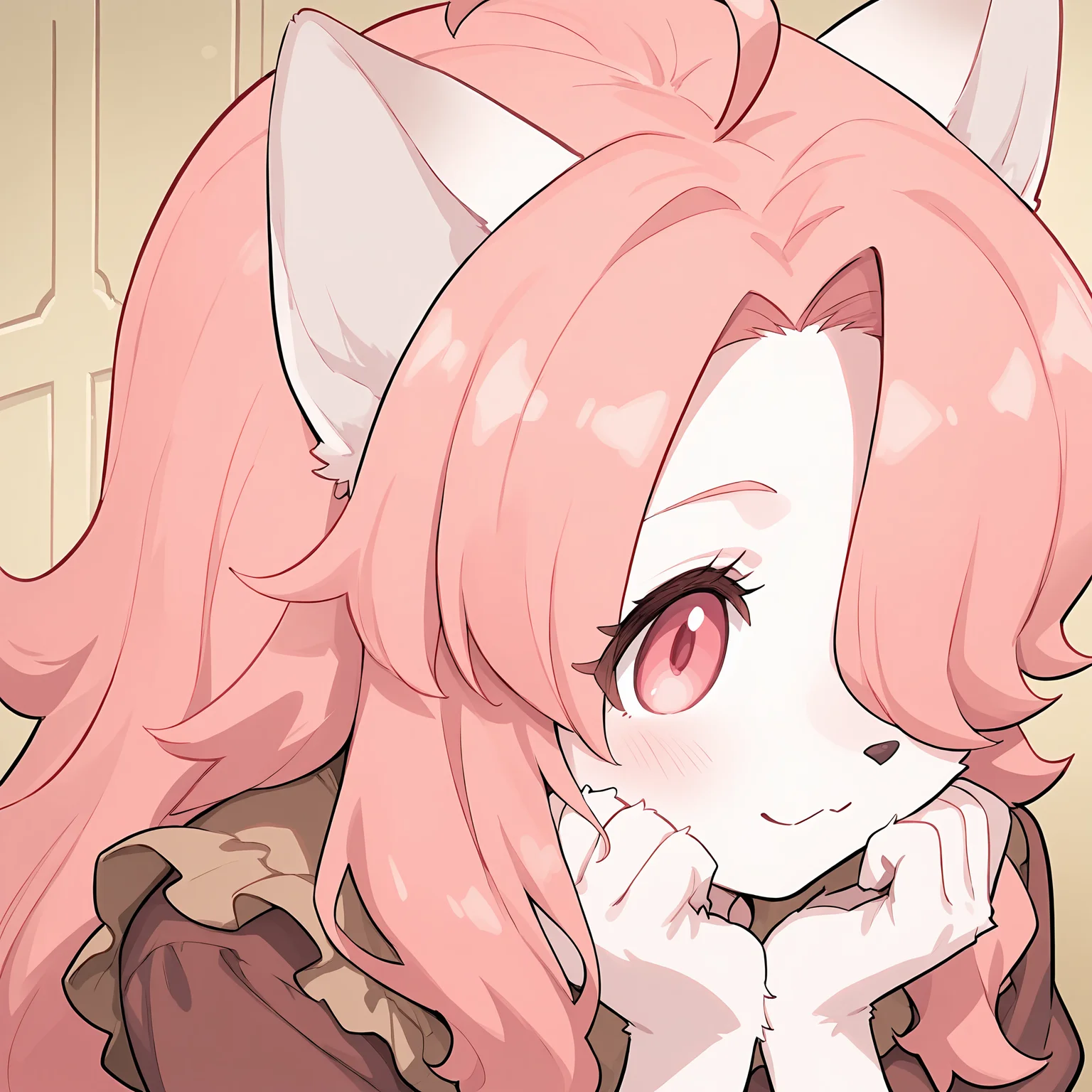 BREAK, <lora:Hanna_Fondant:1>, hanna fondant, fuga: melodies of steel, kemono, furry female, young female, 1girl, cat girl, white fur, pink eyes, pink hair, long hair, ahoge, hair over one eye, animal ears, cat ears, cat tail,
BREAK, Fuga 1 Outfit, brown dress,
BREAK, solo, face focus, close-up, looking away, loving smile, head tilt,