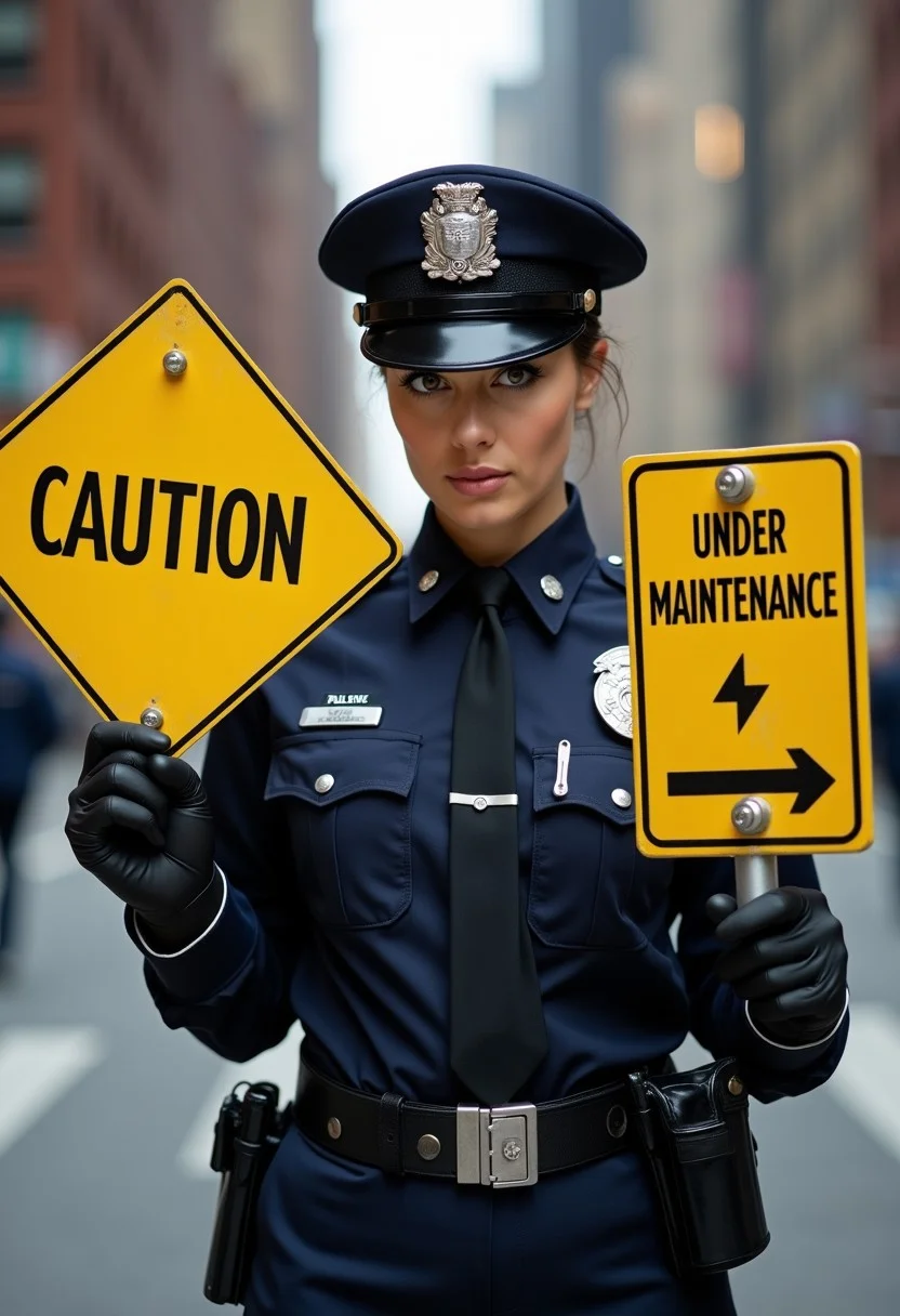 A realistic, cinematic, photograph of a pretty New York City police woman facing the camera. She is holding up one yellow sign that says "Caution". She is holding a second yellow sign that says "Under Maintenance".