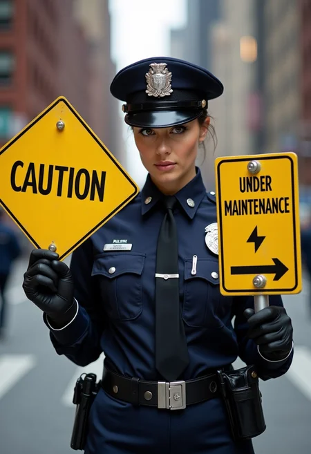 A realistic, cinematic, photograph of a pretty New York City police woman facing the camera. She is holding up one yellow sign that says "Caution". She is holding a second yellow sign that says "Under Maintenance".