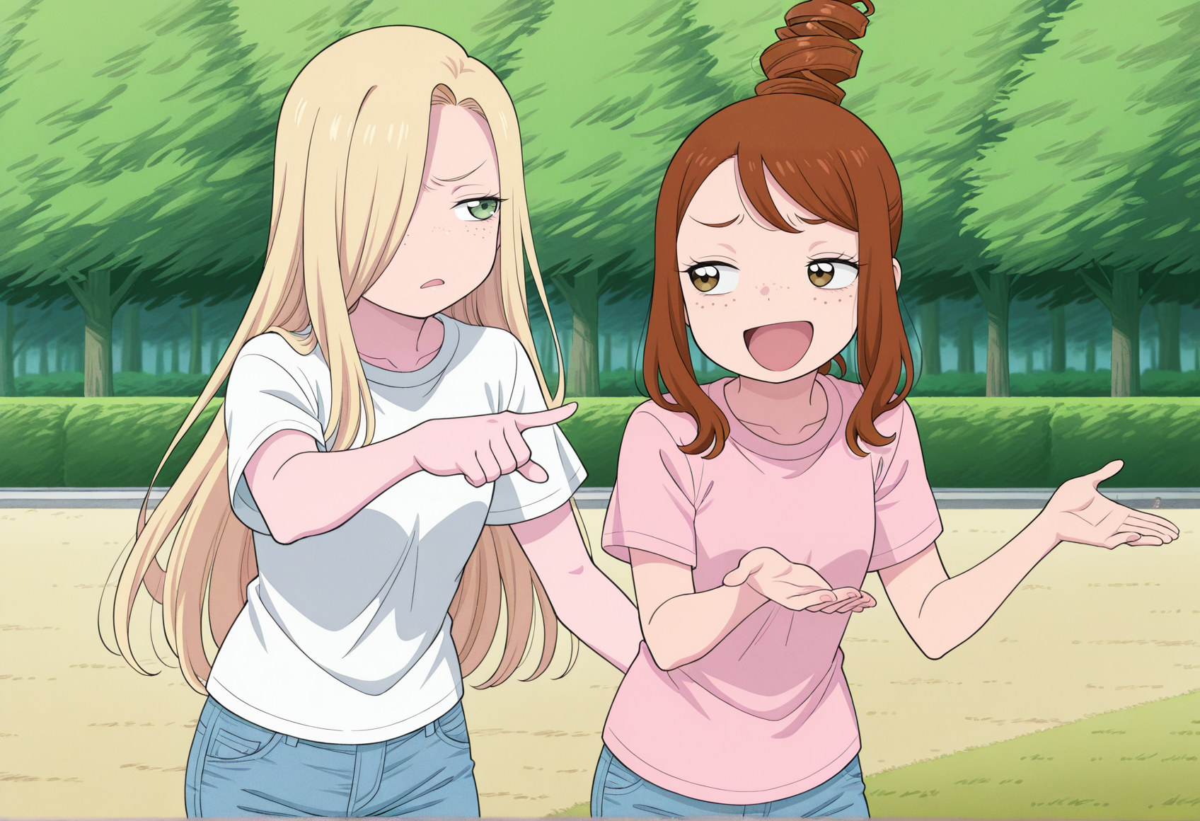 2girls, outdoors, park, anime coloring, 1girl, blonde hair, green eyes, long hair, hair over one eye, t-shirt, jeans, pointing at another, half-closed eyes, annoyed, standing <lora:Sara_Eighth_Wonder:1>
BREAK
2girls, outdoors, park, anime coloring, 1girl, brown hair, brown eyes, freckles, long hair, sidelocks, drill hair, topknot, t-shirt, jeans, smug, open mouth, looking to the side, park, standing, shrugging,  <lora:maverick_Eighth_Wonder:1>, masterpiece, best quality, amazing quality, very aesthetic, absurdres, highres, newest