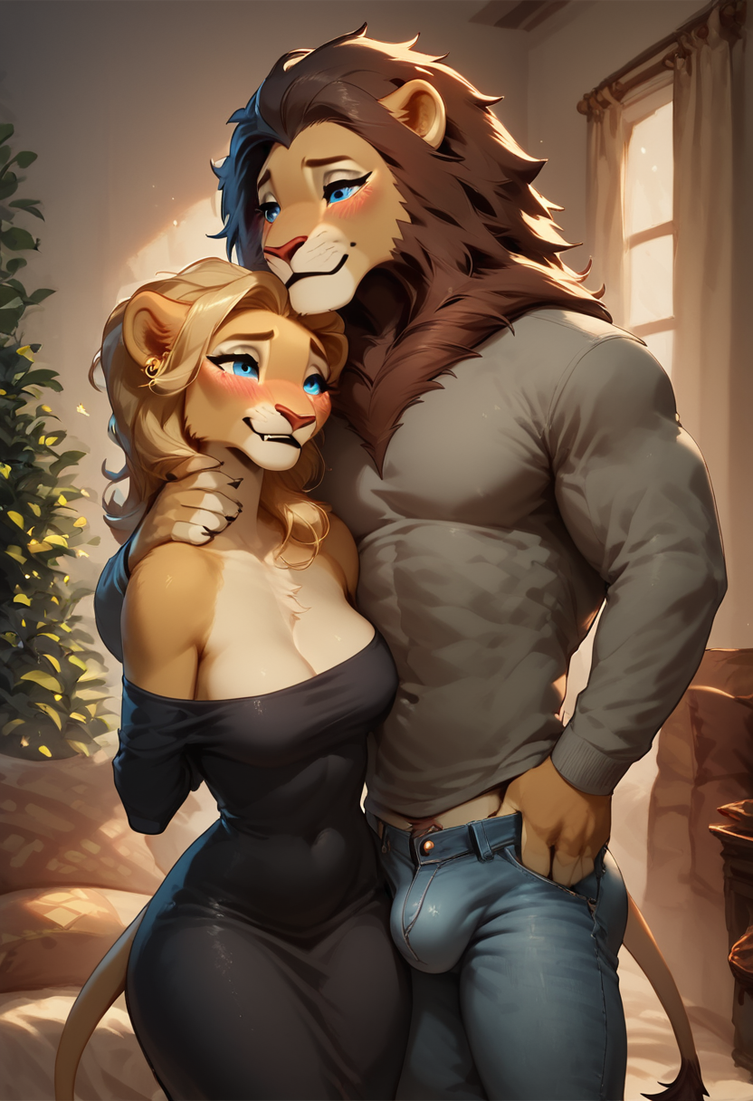score_9, score_8_up, score_7_up, happy, duo,
living room background,
<lora:Smooth Anime 2 Style SDXL_LoRA_Pony Diffusion V6 XL:.4>
<lora:princess_xl_v2:.20>
<lora:Expressive_H:0.6>
<lora:sinfully_stylish_SDKL:0.3>
 <lora:Anthro_Lions:0.3>
BREAK
(anthro female lion), lioness, natural breasts, long black hair, blue eyes, blushing, aroused, wearing tight black dress, cute,
BREAK
(anthro male lion:1.2), bulge, (short brown hair), green eyes, wearing jeans, wearing grey shirt, athletic, taller
