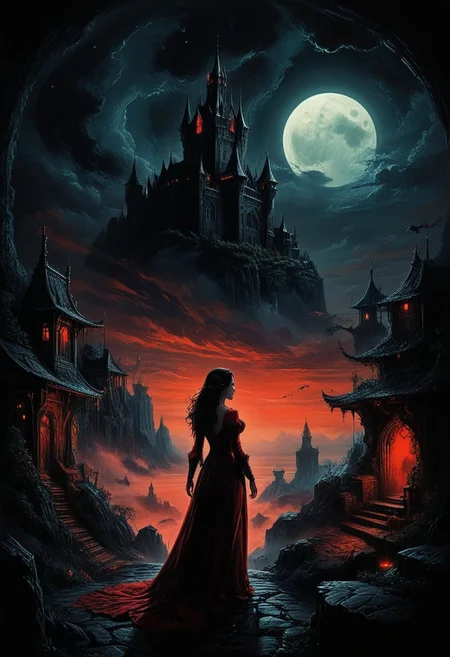 Panoramic landscape, architecture, ships, beach, sea, sunrise, Dracula Transylvania Village, enchanted castle and fortress, above the clouds, mystical atmosphere, detailed stone and wooden walls, European woman, 25 years old, devil, blood, bloody mist swirls around, Weibo, drawing, formal, black hair, devil horns, double halo, hunter's eyes, holding fingers to lips, psst, intimidating retro 90s style, red, black, sci-fi, a dark sky lit by the glow of distant moons and Neon lights.
ultra-sharp, exquisite details, flawless composition, vivid colors, masterpiece, exciting background. , High Definition HD, high details, perfect composition,
best quality, ultra-detailed, very aesthetic, illustration, perfect composition, intricate details, absurd, atmospheric lighting, streaks of light, vibrant colors, very detailed, midjourneyv6.1, detail background, perfection, castlesland, vmpr, chiaroscuro, dark