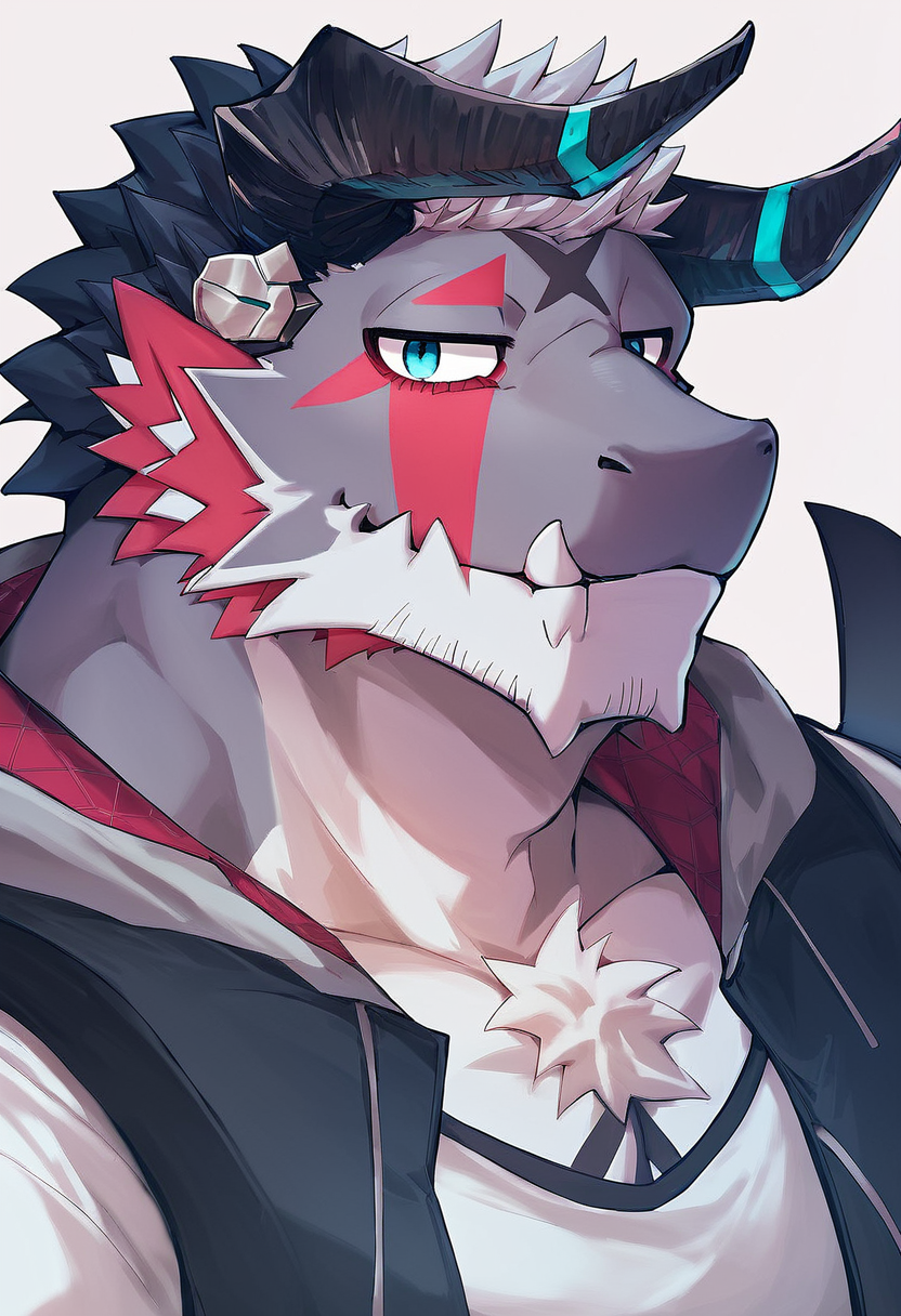 score_9, score_8_up, score_7_up, high quality, hires, solo, giansar, live a hero, furry, horns, muscular, short hair, facial hair, blue eyes, tired, happy, looking at viewer, <lora:Giansar_Live_a_hero:1>