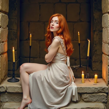 hyperrealistic art watercolor painting expressionist Inside an ancient castle, bathed in the glow of flickering candlelight, the redheaded goddess sitting on the cold stone altar, she's wearing a full victorian dress. Her fiery locks spill over the sacred ground as she gazes upward, looking at the viewer, her lips parted in an expression of pure, sinful ecstasy. Itâs an image of contrastâholiness and eroticism intertwined, a vision of defiance in a place of restraint <lora:jialissa64:0.9> jialis . raw, emotional, dynamic, distortion for emotional effect, vibrant, use of unusual colors, detailed . vibrant, beautiful, painterly, detailed, textural, artistic . extremely high-resolution details, photographic, realism pushed to extreme, fine texture, incredibly lifelike