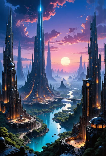 abstract painting, gradient vibrant neon colours, mythp0rt, best quality, masterpiece. A futuristic cityscape at dusk. The central focus is an immense, towering skyscraper with a sleek, reflective surface that reflects the soft, ambient light of the setting sun. The building's design is futuristic, with a tapering top and a complex, organic base that seems to blend seamlessly with the landscape. In the foreground, a serene river runs through a valley lined with lush, green trees. Bridges and elevated walkways connect the base of the skyscraper to the surrounding buildings. The buildings in the foreground are more modest in size, with a mix of glass and metallic facades, indicating modern architecture. In the background, the cityscape stretches into the distance, showcasing a variety of skyscrapers and high-rises, some of which are needle-like, indicating a focus on verticality and density. The sky is a gradient of deep blues and purples, with scattered, fluffy clouds casting shadows on the buildings below. The overall color palette is cool and serene, with the soft lighting enhancing the futuristic, utopian atmosphere of the scene. a supermassive dull sun in the background, cinematic, Perfect Composition