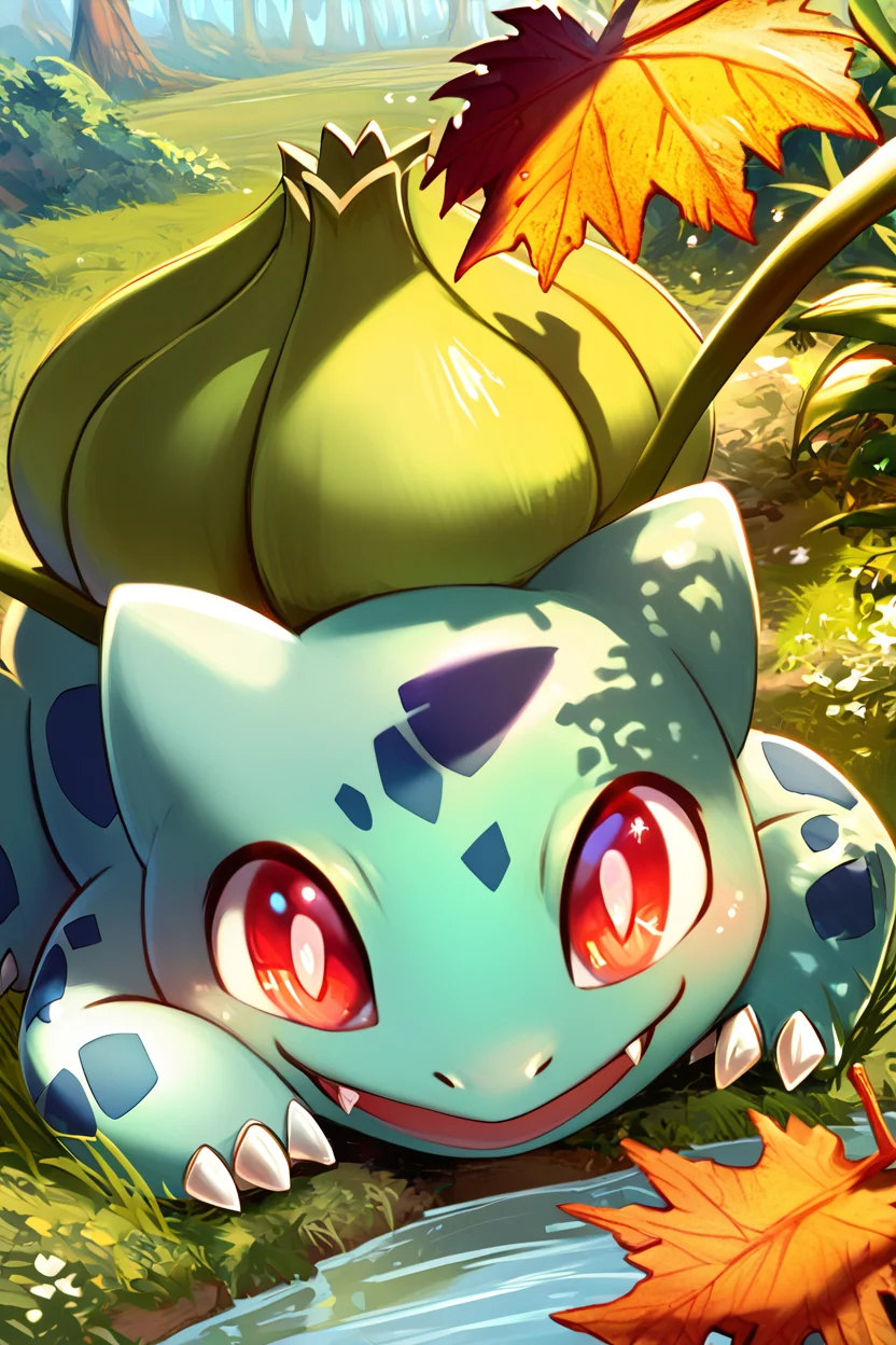 score_9, score_8_up, score_8, ,,, , ,,, zzBulbasaur, open mouth, red eyes, outdoors, day, water, blurry, leaf, fangs, grass, bright pupils, claws, white pupils, vines, <lora:BulbasaurPokedexPDXL:1.0>, ,,,, BREAK, smile, closed mouth, looking at viewer, cowboy shot, ,,, embedding:zPDXL, Expressiveh, ,,, <lora:Konpeto_PDXL_v3:1.0>, <lora:SDXLFaeTastic2400:0.5>, <lora:Expressive_H-000001:0.4>,