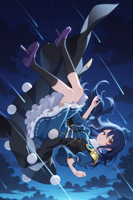 absurdres, highres, masterpiece, best quality, amazing quality, official anime artwork, screencap, anime screencap, 
 <lora:Megumu-Iizunamaru_Illustrious:1> iizunamaru megumu, 1girl, solo, red eyes, blue hair, long hair,, tokin hat, blue hat, blue dress, ribbon-trimed dress, white scarf, black cape, shoulder guard, white socks, 
falling, looking at viewer, night, night sky, star \(sky\), starry sky, parted lips, light smile, clouds,