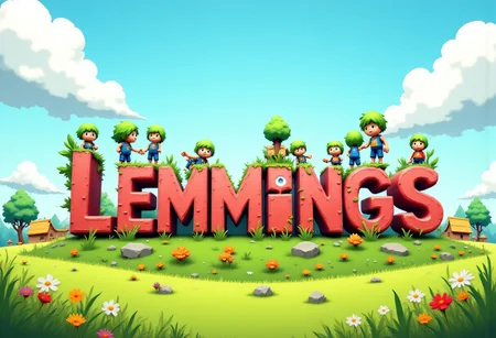 lemmings, green hair, blue clothing, white cartoon eyes with black pupil, no visible mouth, no visable ears, no visable nose, building and fixing a large logo that says lemmings, the logo is made of bricks and grass and wood, show various lemmings stand and climbing on the logo as they fix holes and build the letters that say lemmings. surrounding the logo is a vast vibrant world of villages and grass land. loosely based on the computer game the lemmings.