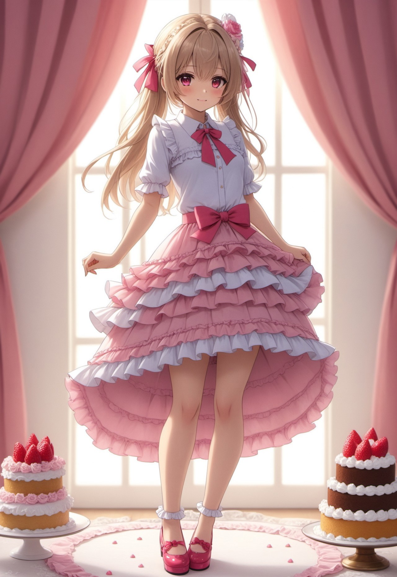 ((fullbody)) (anime) 1girl, cake skirt, cake_skirt, ruffled skirt, tiered skirt, frilled skirt, layered skirt, frilly skirt, ruffles, frills