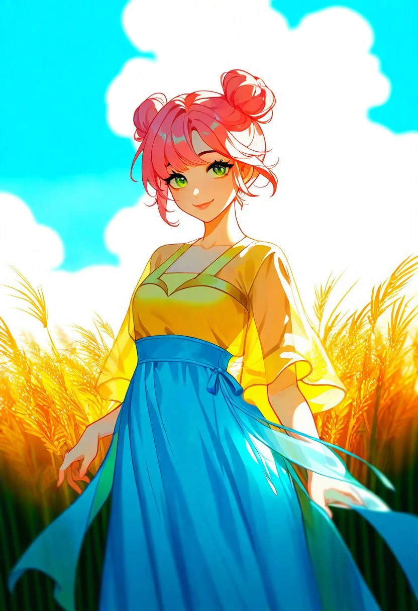masterpiece, best quality, Good quality, very aesthetic, absurdres, newest,1girl, hanfu, autumn, pink hair, blue skirt, green eyes, long fake lashes, fr3ckles, eye shadow, chinese clothes,see-through, cloud, cloudy sky, cowboy shot, day, double bun, hair bun, hanfu, jiaoling ruqun, light rays, looking at viewer, outdoors, shirt, sky, smile, solo, wheat, wheat field, yellow shirt, Bright And Sunny Lighting