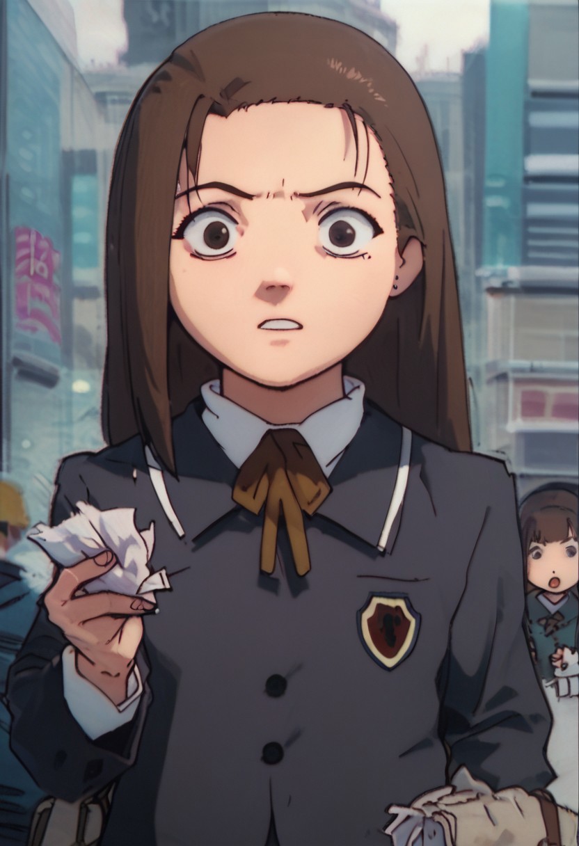 score_9, score_8_up, score_7_up, score_6, source_anime, iwakura mika, school uniform, chibi, holding tissue, looking at tissue, surprised, shibuya street background