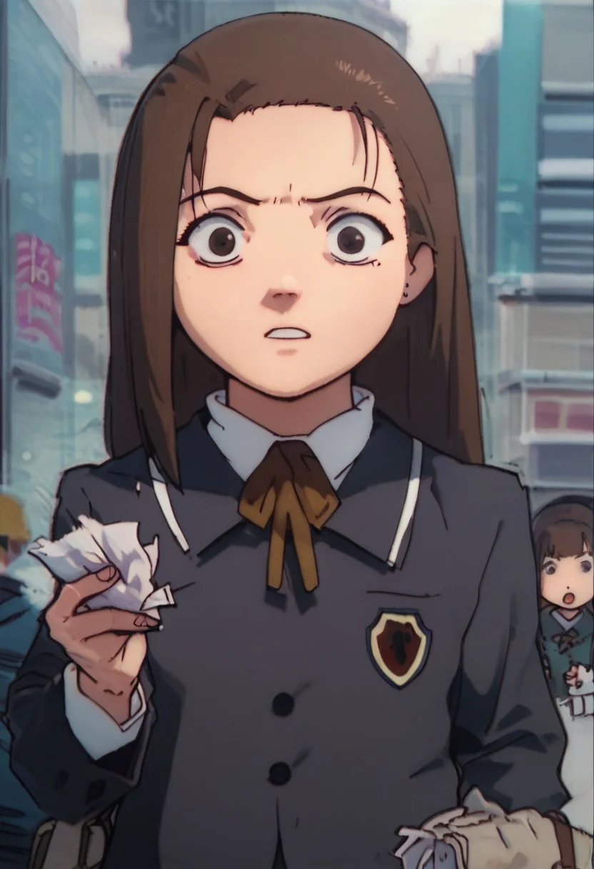 score_9, score_8_up, score_7_up, score_6, source_anime, iwakura mika, school uniform, chibi, holding tissue, looking at tissue, surprised, shibuya street background