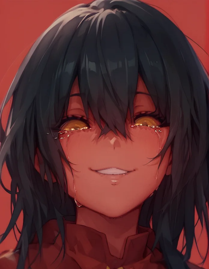 score_9, score_8_up, score_7_up, <lora:LowKeyLightsPony:0.8>LowKeyLights,
1girl,solo,looking at viewer,smile,bangs,simple background,black hair,hair between eyes,yellow eyes,parted lips,tears,crying,portrait,red background,crying with eyes open