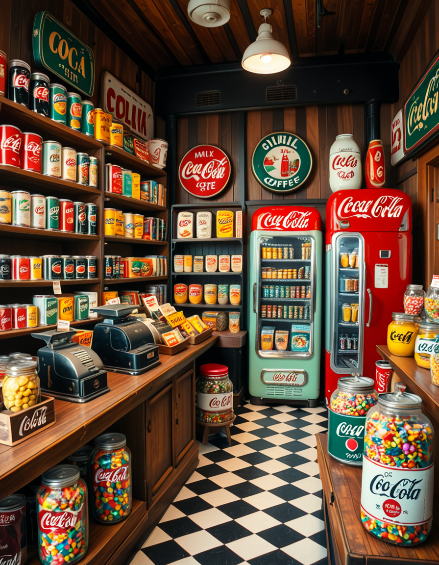 A vintage 1950s grocery store filled with nostalgic details. Wooden shelves neatly stocked with classic canned goods, glass soda bottles, and colorful retro packaging. An old-fashioned cash register sits on the wooden counter, next to a small scale for weighing produce. The checkered black-and-white tile floor adds to the mid-century charm, while hand-painted signs on the walls advertise milk, bread, and coffee in bold, retro fonts. A display of penny candy in glass jars sits near the entrance, and a vintage Coca-Cola refrigerator hums in the background. Soft, warm lighting casts a nostalgic glow over the scene, enhancing the rich textures of wood, glass, and metal, capturing the essence of a bygone era.
<lora:SDXLFaeTastic2400:0.4> <lora:extremely_detailed:0.4> extremely detailed
 <lora:1950s_grocery_st0r3:1>,1950s grocery st0r3, Masterpiece,best quality,hi res,8k,hi res,8k,award winning,(sharp focus, intricate, highly detailed),