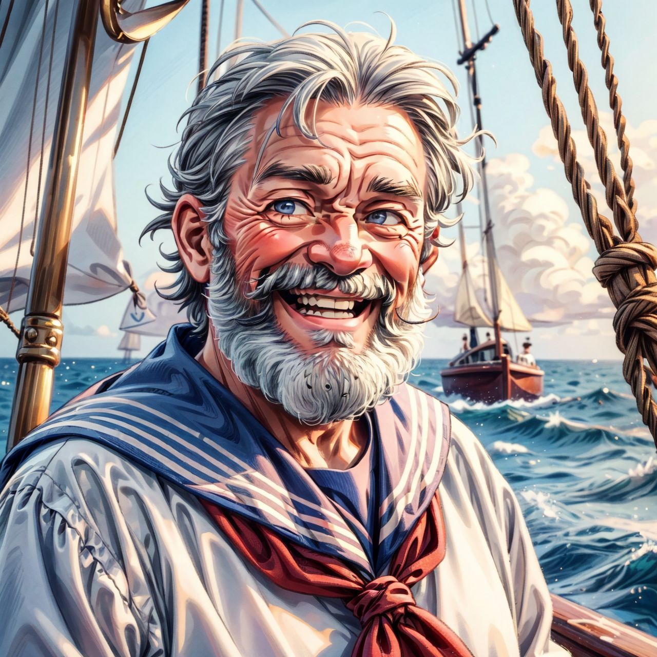 1boy, old man, sailor, grey beard, looking at viewer, smile, traditional sailor clothes, <lora:deepdarkocean:0.6>, deepdarkocean, <lora:NsfwPovAllInOneLoraSdxl:0.5>, high quality, highres, masterpiece, best quality, 8k, intricate, detailed, <lora:add_detail:0.6>, very detailed, <lora:more_details:0.6>, <lora:JuggerCineXL2:0.6>, <lora:Smooth Anime 2 Style SDXL_LoRA_Pony Diffusion V6 XL:0.6>