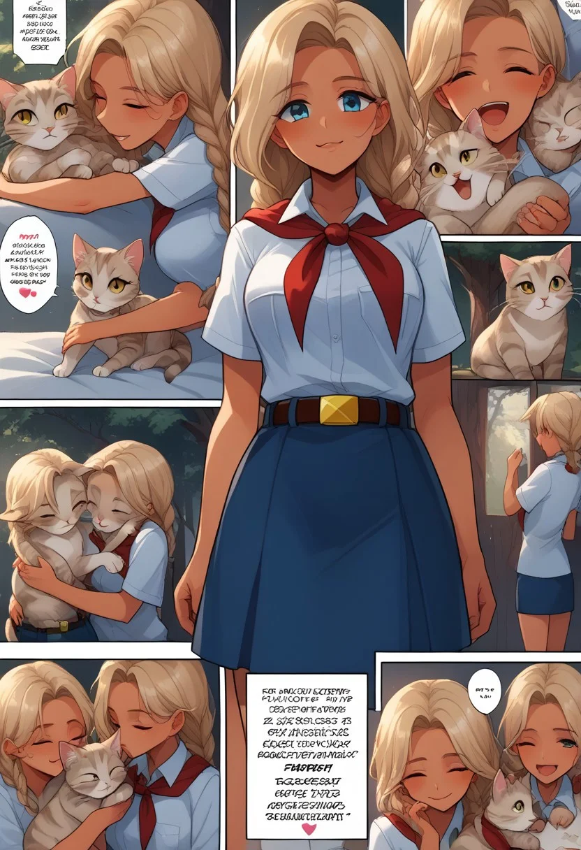 score_9, score_8_up, score_7_up, source_anime, BREAK
<lora:FComic_1to1000_Pony_V1:1>fcomic_1to1000_pony, (comic:1.25),
(Multi view, Frame, Text, speech bubble, frame, heart, trembling, focus line, vibrating line, comic expression, Sound effect)
1girl, cat, cude, cat, cats, fluffy, cute, neko, kawai, cuddling with cat, holding cat, joy, happy, animal, cute animal, woods, summer camp, trees, joy, happy,
1girl, medium breasts, shiny skin, BREAK, white collared shirt, short sleeves, red neckerchief, neckerchief, belt, blue skirt, BREAK, amazing background, inside, bedroom, on bed, night, light turn off, moon light, shade, (the ceiling:1.3), <lora:Everlasting_Summer_Vanilla_Backgrounds_by_GraffMetal:0.7>, <lora:Everlasting_Summer_Vanilla_Art_Style_by_GraffMetal:0.7>