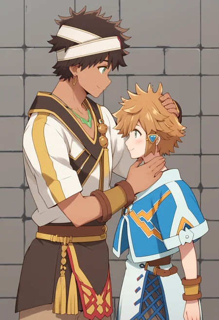 score_9,score_8_up,score_7_up,score_6_up,score_5_up,score_4_up,lloyd belladonna,shoma,smile,jewelry,standing,male focus,multiple boys,2boys,necklace,looking at another,headband,(blue cropped jacket:0.8),(white tunic:0.8),shoulder strap,pelvic curtain,white-black t-shirt,brown pants,bracer,(anime screenshot:0.3),<lora:lasdanV2:1>,(height difference:0.3),hug,upper body,street,hand on another's head,