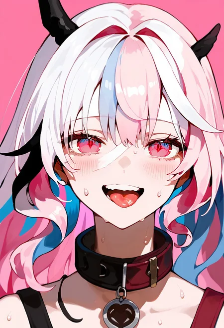 score_9, score_8_up, score_7_up, source_anime, ABYSSAL YUFINE, 1girl, solo, looking at viewer, blush, smile, open mouth, bangs, red eyes, hair between eyes, blue hair, pink hair, white hair, multicolored hair, sweat, teeth, tongue, pink eyes, collar, two-tone hair, pink background, portrait