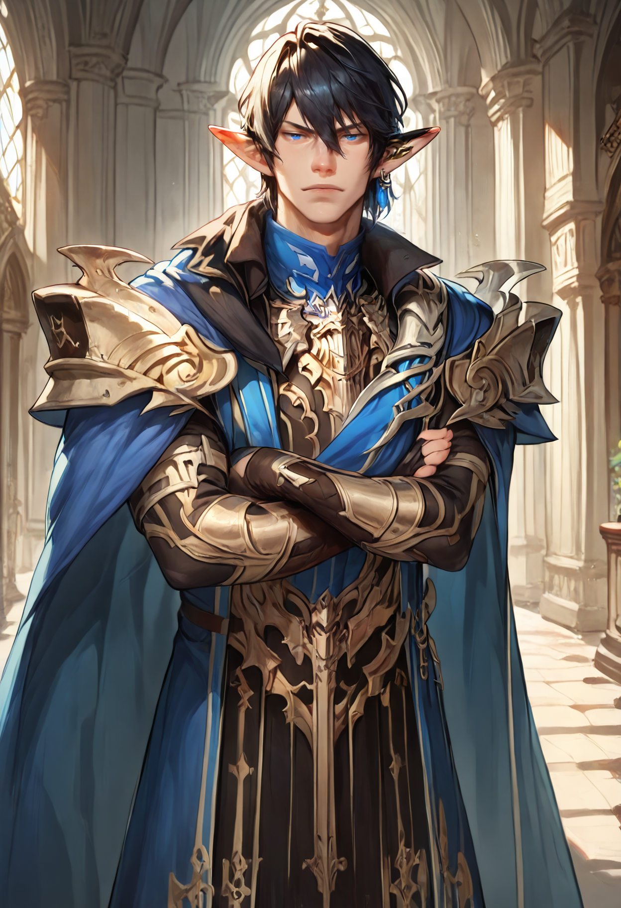 score_9,score_7_up,zPDXL2,palace BREAK
1boy,aym3ric,solo,elezen,pointy ears,hair between eyes,black hair,blue eyes,single earring,
looking down,narrowed eyes,arm0ric,blue cape,pauldrons,greaves,fingerless gloves,crossed arms,looking at viewer,
<lora:aymericv7:1>
