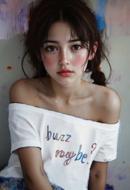 By Donna Young, midjourney_whisper_innocent_eyes, 1girl,mysterious girl with freckles,an exotic Polinesian girl in off-shoulder shirt, Hairs in two braids, text on shirt:"Buzz meybe?" fading backlit background,pastel colors,surreal, detailed, bokeh, perfect balanced, deep fine borders,artistic photorealism, smooth, whole body view