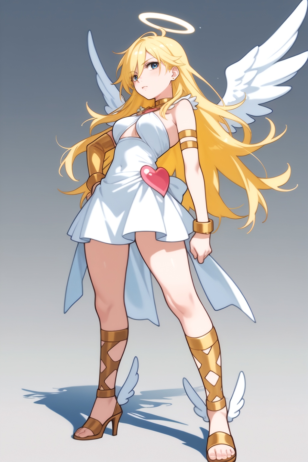 <lora:PantyStoking:0.8>  full body, Shiro, female, blonde hair, yellow hair, blue eyes, white dress, white outfit, pink heart accents, gold collar, gold arm bands, golden high heel sandals, strappy sandals, cross-patterned straps, gold leg wraps, standing pose, slight downward angle view, three-quarter view, fair skin, serious expression, neutral face, white angel wings, full figure visible, feet visible