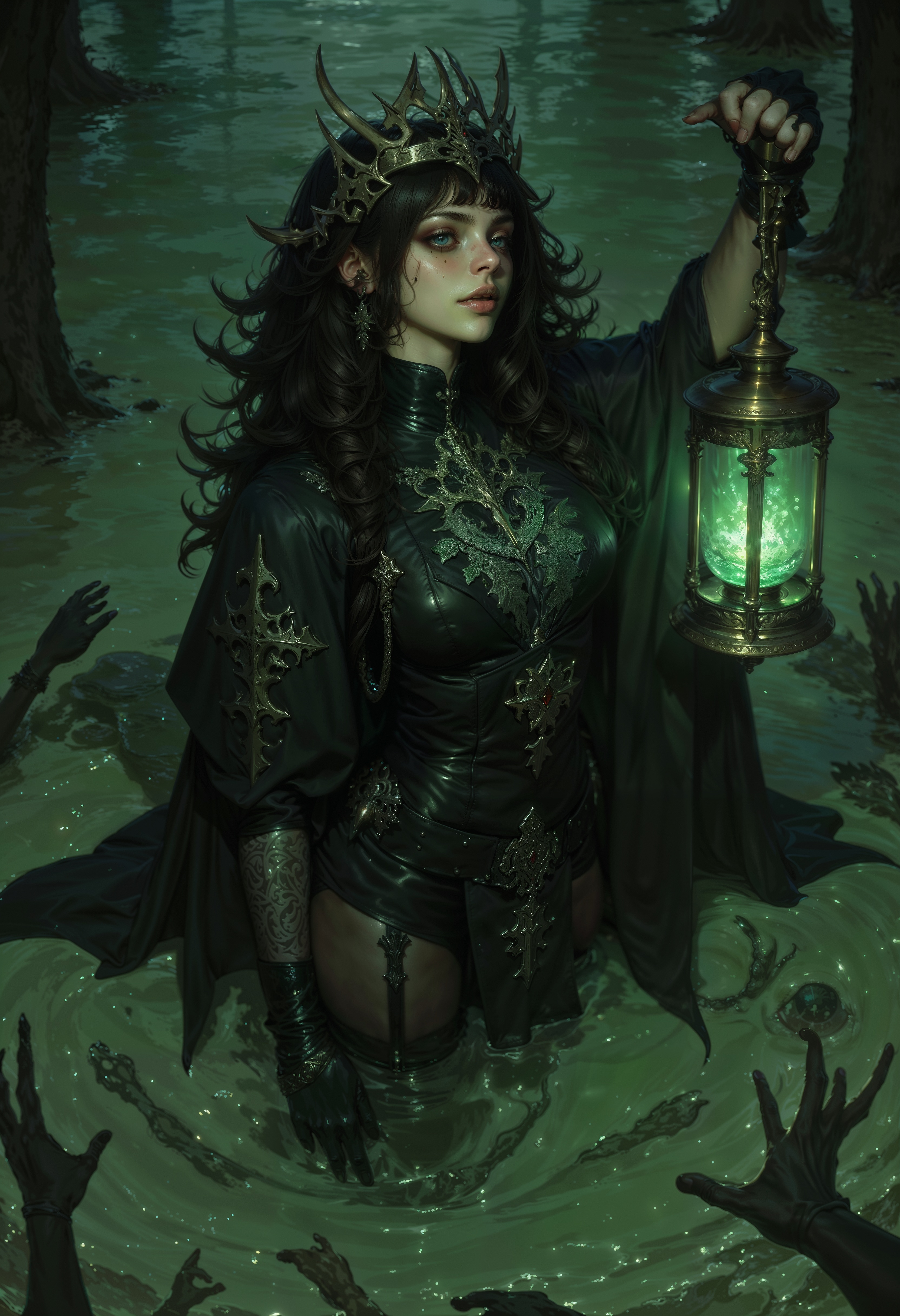 A gothic swamp witch standing waist-deep in murky waters, her hair wild and tangled with moss and reeds. A crown of twisted bone rests on her head, casting skeletal shadows across her pale face. Her dark robes ripple like liquid shadows, and in her hand, she holds a lantern filled with flickering green fireflies. The eerie light reflects off the surface of the water, where faint silhouettes of skeletal hands seem to reach toward her. The atmosphere is heavy with mystery and foreboding.