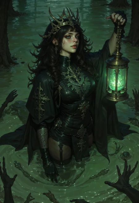 A gothic swamp witch standing waist-deep in murky waters, her hair wild and tangled with moss and reeds. A crown of twisted bone rests on her head, casting skeletal shadows across her pale face. Her dark robes ripple like liquid shadows, and in her hand, she holds a lantern filled with flickering green fireflies. The eerie light reflects off the surface of the water, where faint silhouettes of skeletal hands seem to reach toward her. The atmosphere is heavy with mystery and foreboding.