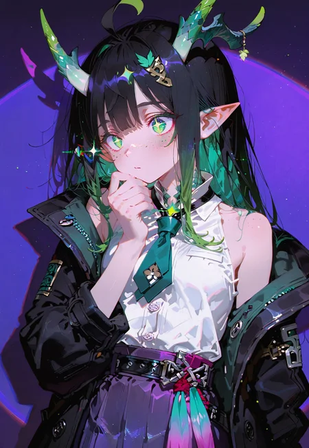 looking at viewer,bust shot,face focus

Contemplating look,hand on chin

1 girl,petite,loose unruly messy hair,messy bangs,black hair, (vibrant green accents hair:1.1),fair skin,dragon horns,green eyes,(sparkling eyes:1.1),freckles,ahoge,pointy ear

Large Black coat with green accent,coat hanging sleeves,white sleeveless buttoned shirt tucked in,green tie, exposed shoulder,dark purple skirt,black belt

Color background, bright purple background,(shadow:1.2), front lighting,glimmer, [scales design], sparkling,(anagylph refraction:1.5),(front spotlight:1.2),(purple hue:0.8),(colors green glow:1.4)

Cunnystyle,748cmstyle,Smooth_Quality,masterpiece,best quality,amazing quality, aesthetic,(vibrant colors:1.6),(bold lines:1.3),(saturated:1.5),(vhs filter:1.3)