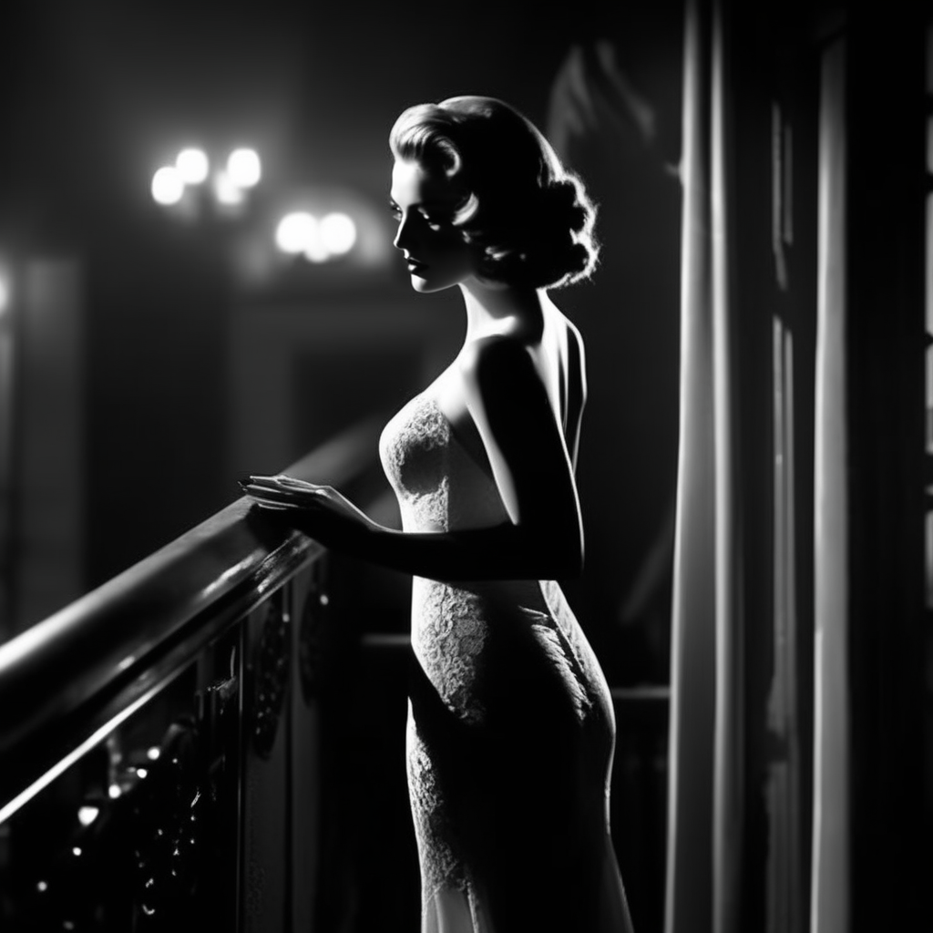 Film noir style ultra realistic, ultra defined textures, cinematic, cinematic lighting, atop a wrought-iron balcony overlooking a crowded speakeasy, a woman leans on the railing, her long satin gown shimmering in the dim, ambient light. Her lace undergarments peek discreetly through a slit in the fabric, hinting at her allure. A backlight creates a striking silhouette, while a soft-focus lens captures the dreamlike haze of cigarette smoke swirling in the air. The angle, shot with a Contax II, frames her poised yet mysterious demeanor against the lively chaos below.
<lora:Noir_style:1>  noir_style . Monochrome, high contrast, dramatic shadows, 1940s style, mysterious, cinematic