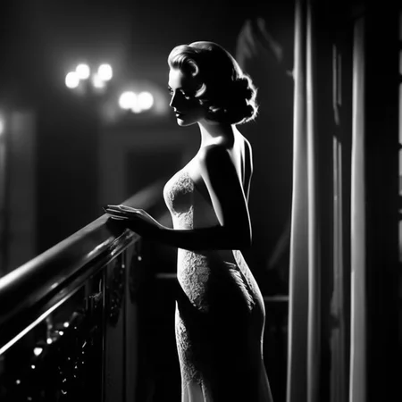 Film noir style ultra realistic, ultra defined textures, cinematic, cinematic lighting, atop a wrought-iron balcony overlooking a crowded speakeasy, a woman leans on the railing, her long satin gown shimmering in the dim, ambient light. Her lace undergarments peek discreetly through a slit in the fabric, hinting at her allure. A backlight creates a striking silhouette, while a soft-focus lens captures the dreamlike haze of cigarette smoke swirling in the air. The angle, shot with a Contax II, frames her poised yet mysterious demeanor against the lively chaos below.
<lora:Noir_style:1> noir_style . Monochrome, high contrast, dramatic shadows, 1940s style, mysterious, cinematic