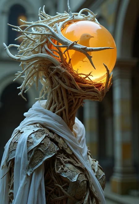 rootform, extreme head Closeup, a pristine white tree knightess Made of White polished roots with billowing Hair and flamboyant Horns Made of branches with and an lower Body Made of White Stone roots coming from the ground, Gothic cathedral backdrop, intricate black and White metallic breastplate, high collar White Line robe, atmospheric backlight, head completely obscures By an translucent vibrant golden orb with a bird floating within