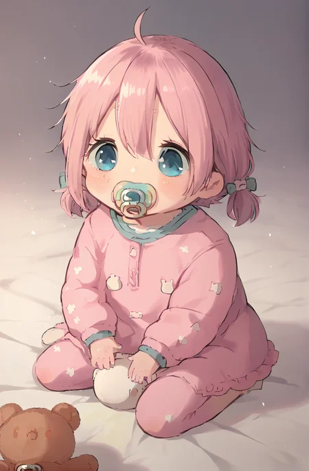 score_9_up,score_8_up,score_7_up,source_anime,baby,cute,1girl,solo,baby pacifier,on knees,crawling,pink dress,<lyco:Aged_down_character:1>,
<lyco:nadeshiko-kagamihara-s1s2-ponyxl-lora-nochekaiser:1>,nadeshiko kagamihara,blue eyes,hair between eyes,twintails,pink hair,ahoge,stuffed animal,short hair,