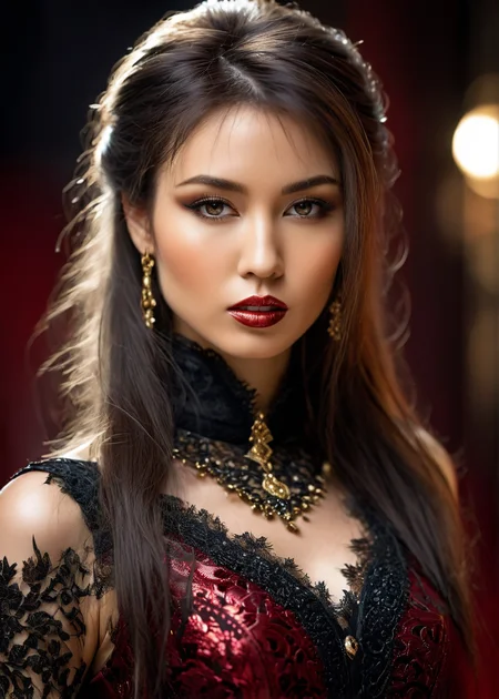 a captivating masterpiece of a woman, (((dressed in a western outfit))), ((upper body)), face, The intricate lace and gold details exude a very rebellious aura. ((The use of high-shine gloss adds a touch of glamour to the look)), ((while the deep red and black hues give it a dramatic vibe)), background is a street in New York, blurred background, studio ligthing, facing camera, shallow depth of field, (art by luis royo:1.2), <lora:MS_Aika_Yumeno_V2_SDXL:0.8>