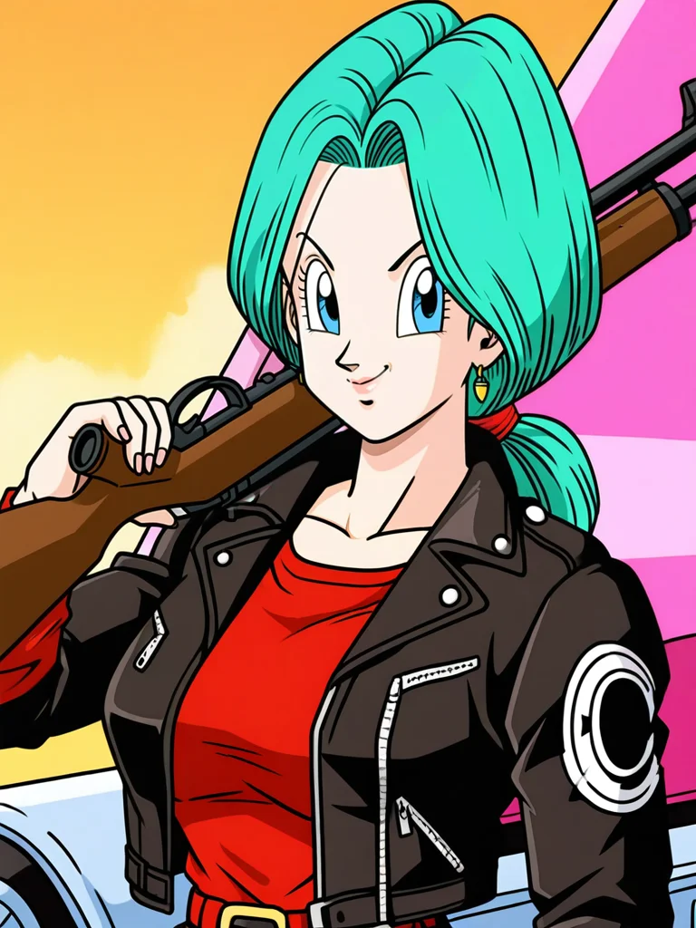 xyzbulma , milf , mature girl ,leather jacket , holding a rifle on top of a futuristic bike <lora:DBZBULMA:0.55>
