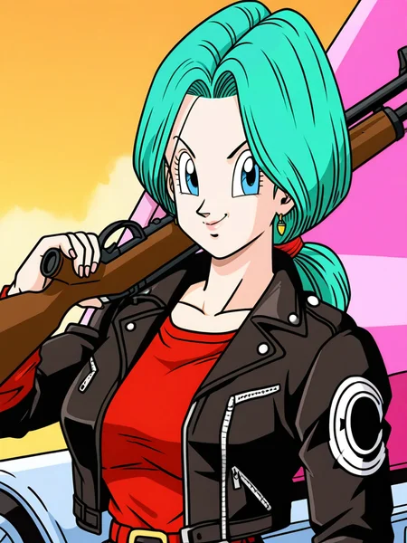 xyzbulma , milf , mature girl ,leather jacket , holding a rifle on top of a futuristic bike <lora:DBZBULMA:0.55>