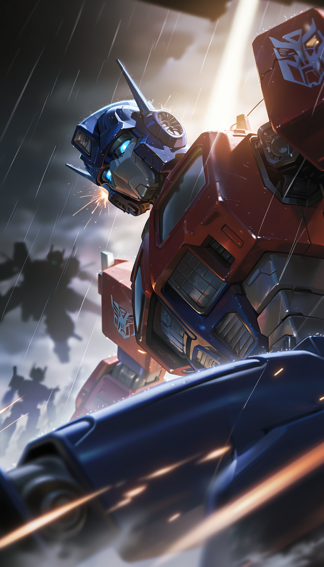 masterpiece, best quality, amazing quality, very aesthetic, absurdres,  newest, scenery, transformers, optimus prime,  close-up, glowing, glowing eyes, gunpla, mecha, model kit, no humans, robot, science fiction, v-fin, dark background, rain, watercolor \(medium\), ((vignetting)), shaded face, depth of field, fog, silhouette, (sparks), jet engine, (close-up), dutch angle, dynamic pose, photorealistic, , masterpiece, best quality, amazing quality, very aesthetic, absurdres,  newest, scenery, volumetric lighting, motion blur, 