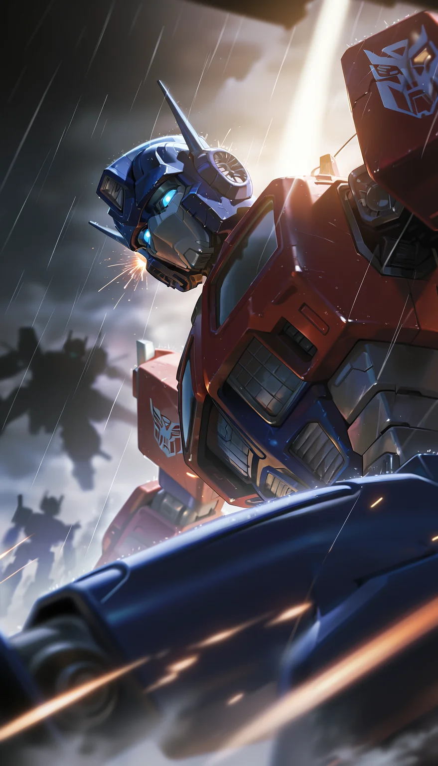 masterpiece, best quality, amazing quality, very aesthetic, absurdres, newest, scenery, transformers, optimus prime, close-up, glowing, glowing eyes, gunpla, mecha, model kit, no humans, robot, science fiction, v-fin, dark background, rain, watercolor \(medium\), ((vignetting)), shaded face, depth of field, fog, silhouette, (sparks), jet engine, (close-up), dutch angle, dynamic pose, photorealistic, , masterpiece, best quality, amazing quality, very aesthetic, absurdres, newest, scenery, volumetric lighting, motion blur,