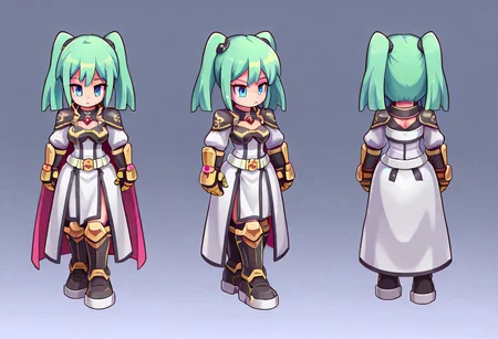1girl, humanoid_build, petite_frame, fair_skin, large_expressive_blue_eyes, long_green_hair_with_twin_tails, pixel_art,
clothing: (futuristic_battle_dress:1.2), white_and_blue_tunic_with_gold_trim, puffy_sleeves_with_armor-like_design,
cape: none,
bracers: armored_white_and_blue_gauntlets_with_gold_accents,
belt: white_and_blue_belt_with_a_large_golden_emblem,
boots: knee-high_white_and_blue_boots_with_reinforced_toes,
accessories: heart-shaped_chest_gem_with_golden_frame, red_ribbons_tied_to_hair,
hair: long_green_hair_in_twin_tails_with_slightly_curled_ends,
pose: standing_with_hands_clasped_behind_back, cheerful_and_innocent_expression,
details: glowing_chest_gem, metallic_sheen_on_armor_pieces, bright_and_vivid_color_palette,
_|_,
Multiple views, front view and side view and back view,
ROSPRITE, ROSPRITE-ASSASIN
,Big Round breasts, underboobs